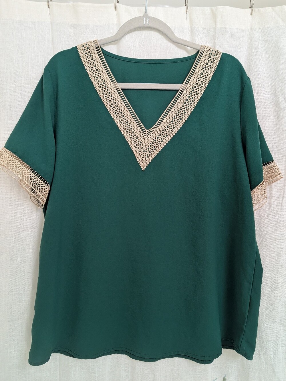 Emerald Green Crochet Trim V Neck Blouse XL